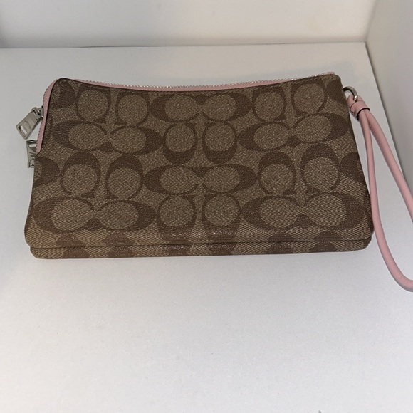 Coach Double Zip Wallet Pink And Brown Wristlet - Picture 2 of 6
